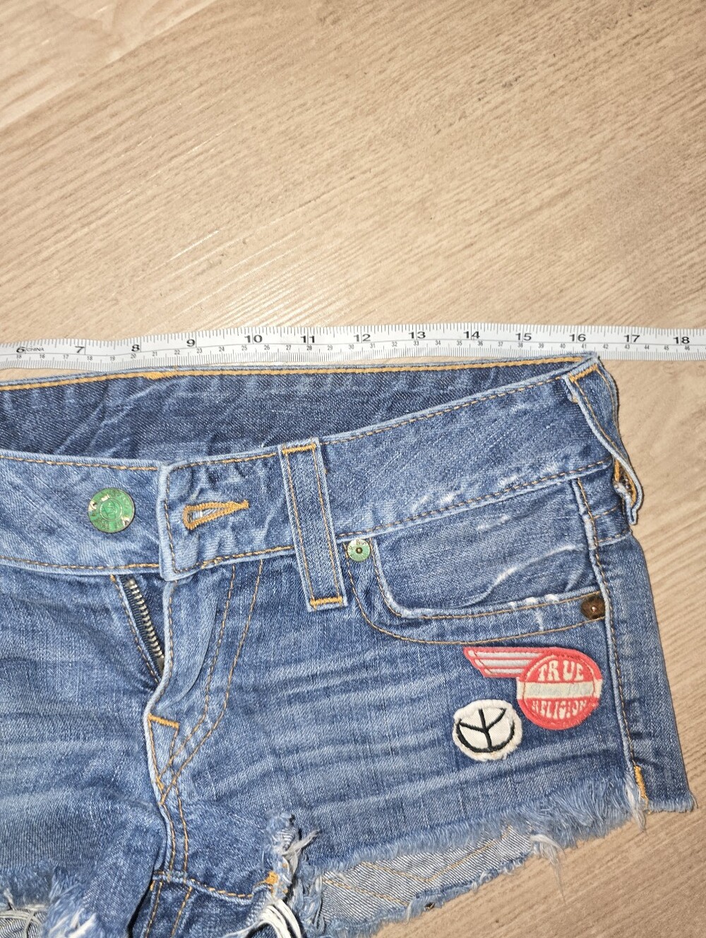 True Religion Cutoff Women's Shorts with Patch Details - Blue - Picture 9 of 10